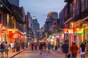 NEW ORLEANS, LOUISIANA - AUGUST 23: Pubs and bars with neon lights  in the French Quarter, downtown New Orleans on August 23, 2015.